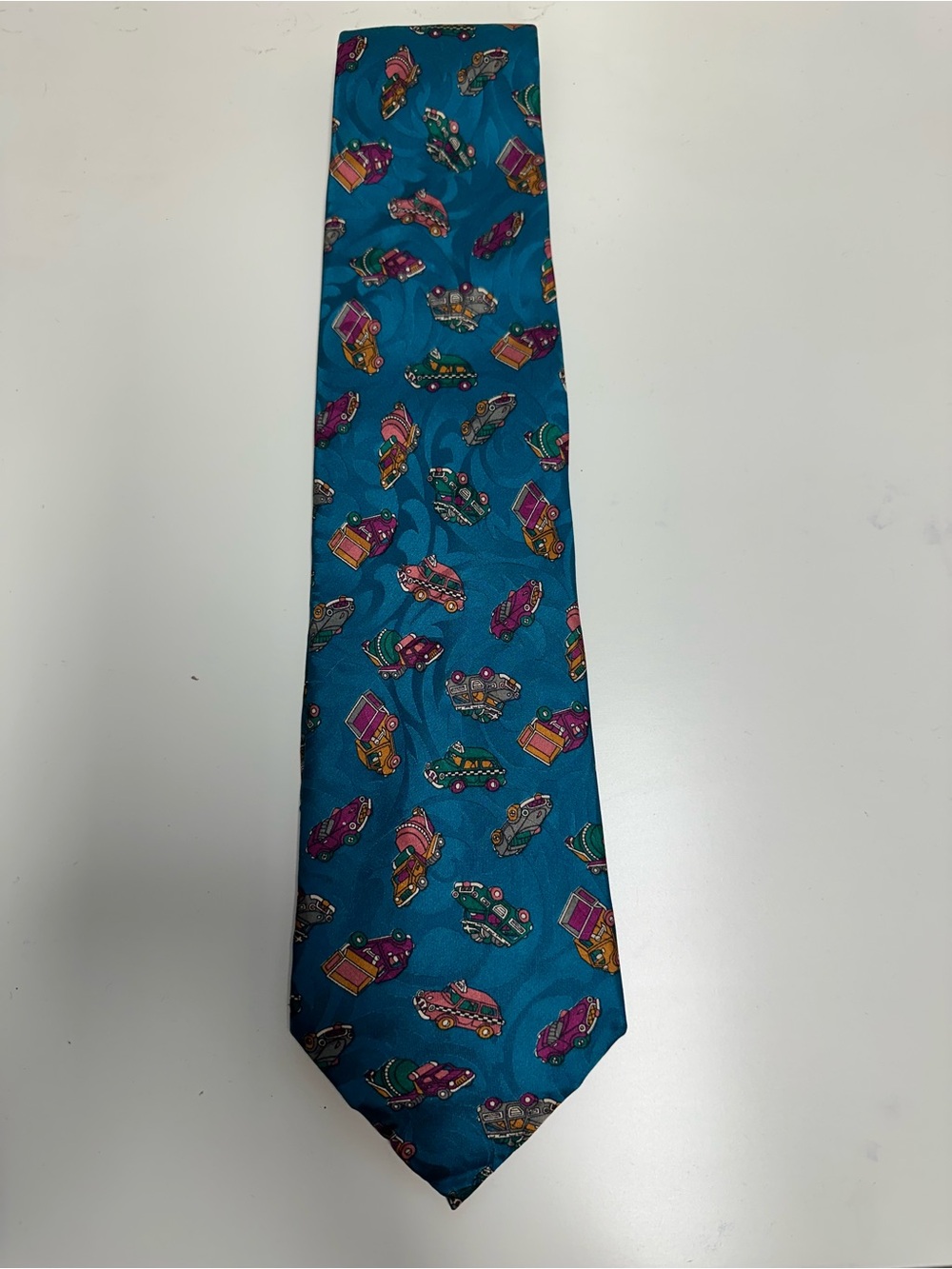 Maga Men’s 100% Silk Woven Pointed Tie, Novelty Cars Print Bright Blue